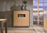 Credenza alta in frassino antracite 2 porte e vano a giorno con piede tornito l.128 p.45 h.135,5