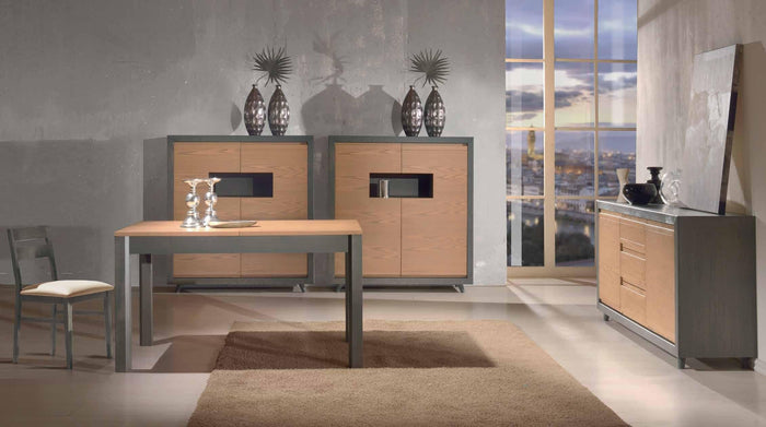 Credenza alta in frassino antracite 2 porte e vano a giorno con piede tornito l.128 p.45 h.135,5