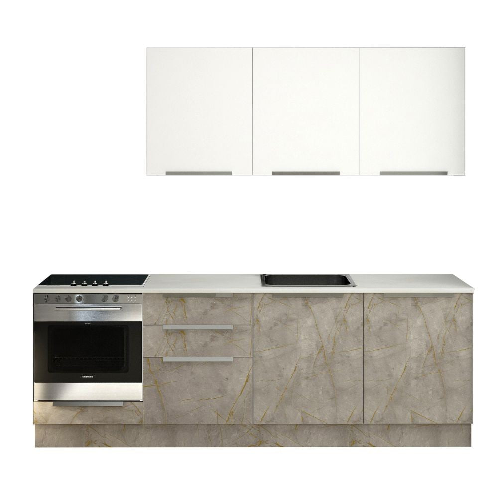 Cucina 240 cm Potenza cemento e bianco con elettrodomestici