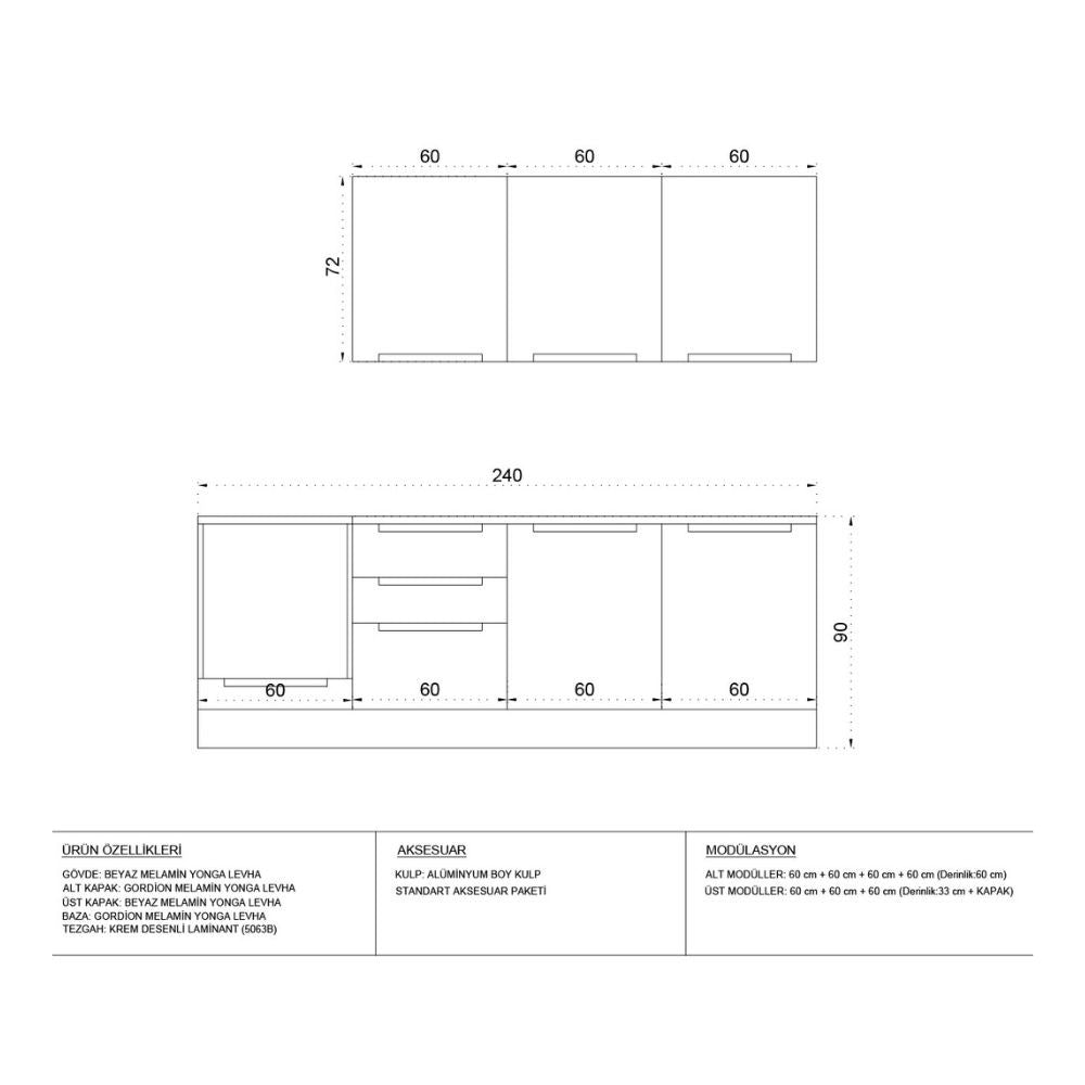 Cucina 240 cm Potenza cemento e bianco con elettrodomestici