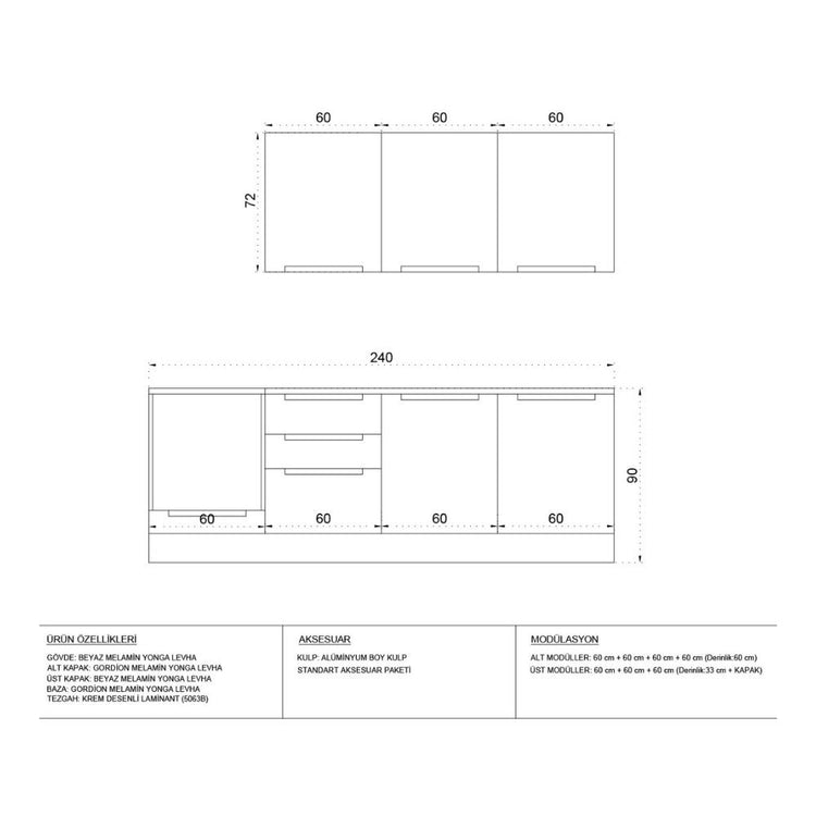 Cucina 240 cm Potenza cemento e bianco con elettrodomestici