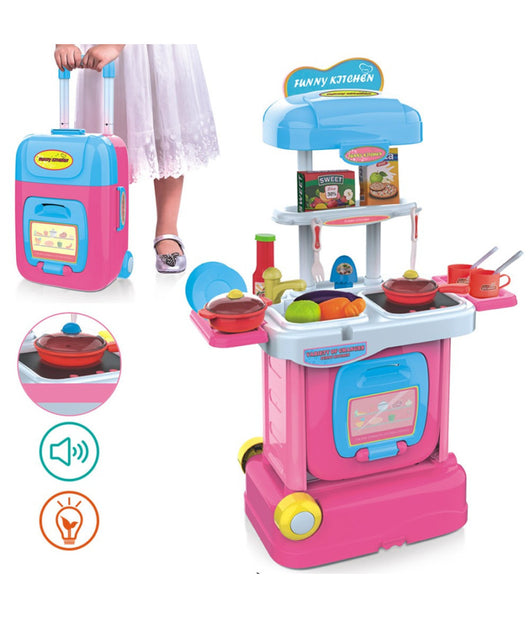 Cucina Giocattolo Bambini Fornello Luci Suoni Richiudibile In Trolley Accessori         