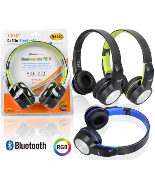 Cuffie Bluetooth Con Illuminazione Rgb Funzione Radio Fm Wireless 10 Mt R5230         