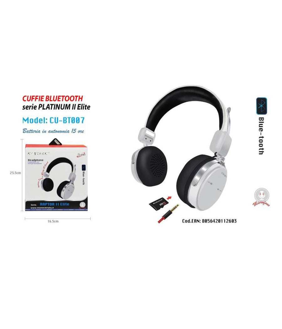 Cuffie Bluetooth Jack Microfono Autonomia 15 Ore Per Smartphone Maxtech Cu-bt007         