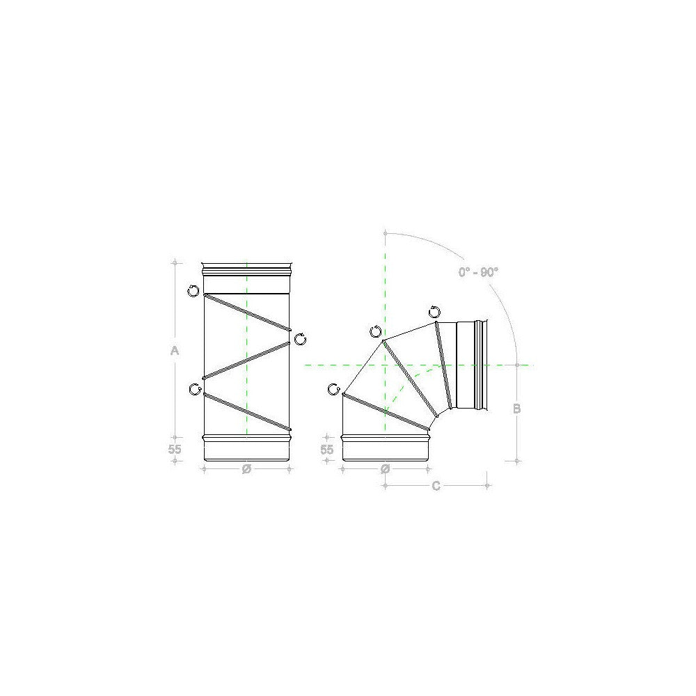 Curva gomito inox 180mm orientabile registrabile 5 decimi curvatura 0-90°