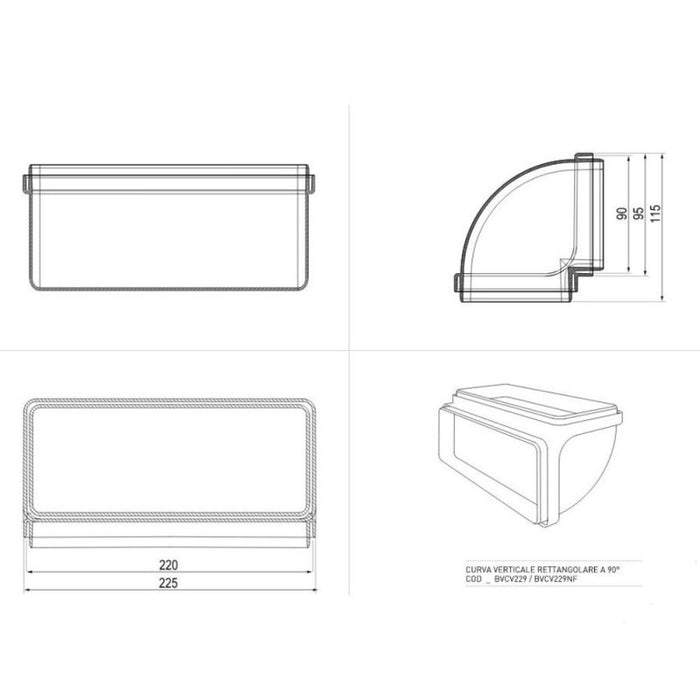 Curva verticale 90 gradi per tubo rettangolare per aspirazione cappa BVCV229