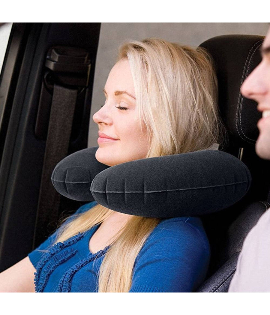 Cuscino Da Viaggio Gonfiabile In Pvc Floccato Nero Treno Aereo Macchina         