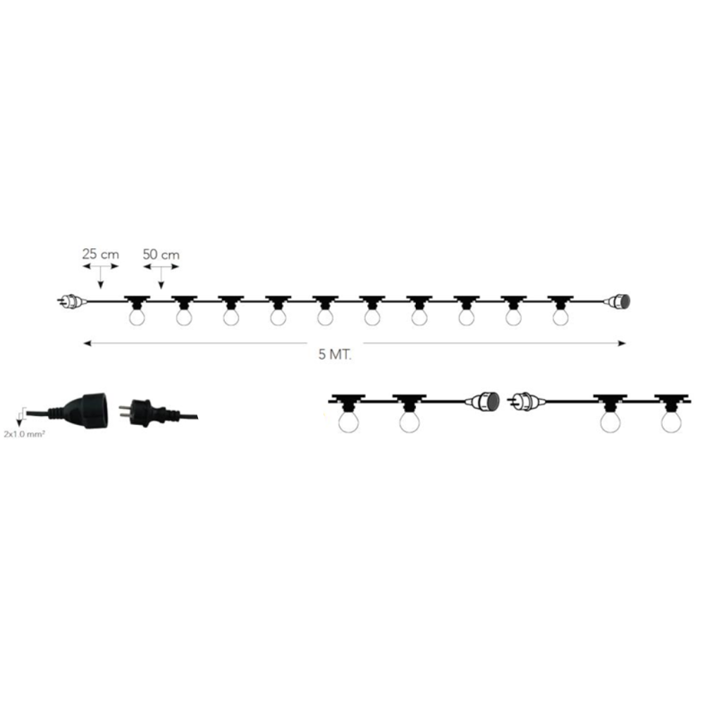 Catenaria luminosa con 10 portalampada attacco e14 cavo lunghezza 5 metri ip44