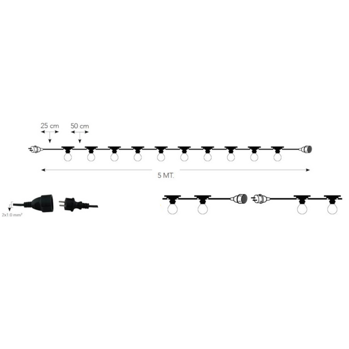 Catenaria luminosa con 10 portalampada attacco e14 cavo lunghezza 5 metri ip44