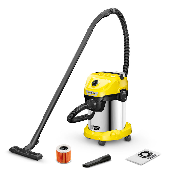 KARCHER Bidone aspiratutto solido liquidi a batteria WD 3-18 S V-17/20 - Potenza allacciata: 270 W - Capacità vano raccolta: 17 l - Materiale vano di raccolta: Acciaio inox 