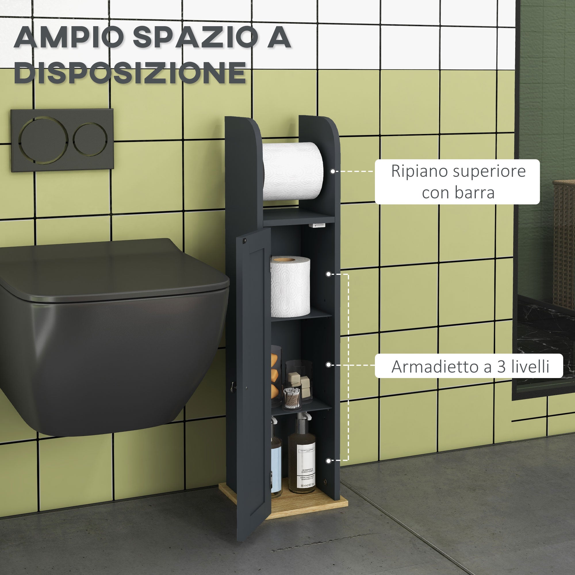 Mobiletto Bagno 1 Anta con Barra 20x20x80 cm in MDF e Truciolato Grigio