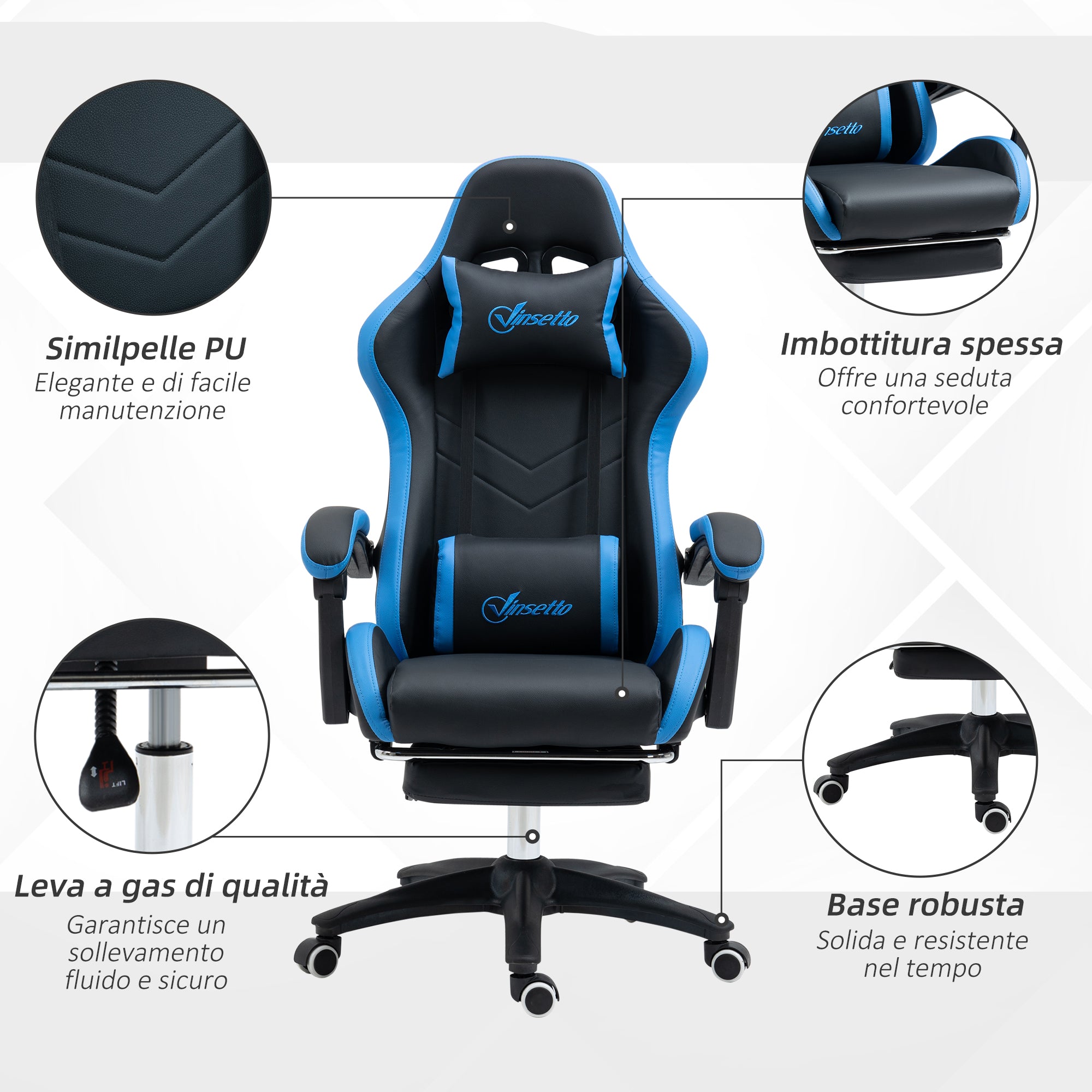 Sedia da Gaming Ergonomica 65x65x121-129 cm in Similpelle Blu e Nero