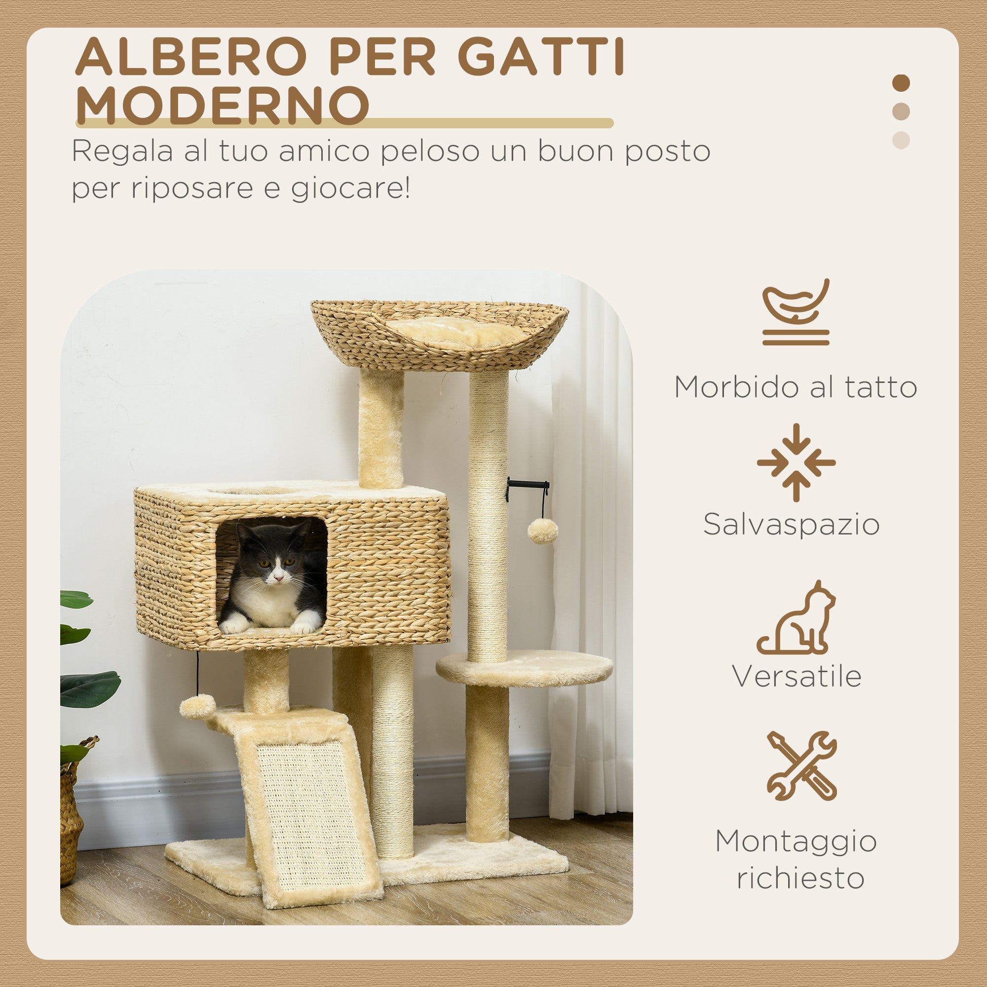 Albero Tiragraffi per Gatti con Casetta e Trespolo 60x40x95 cm Marrone e Beige