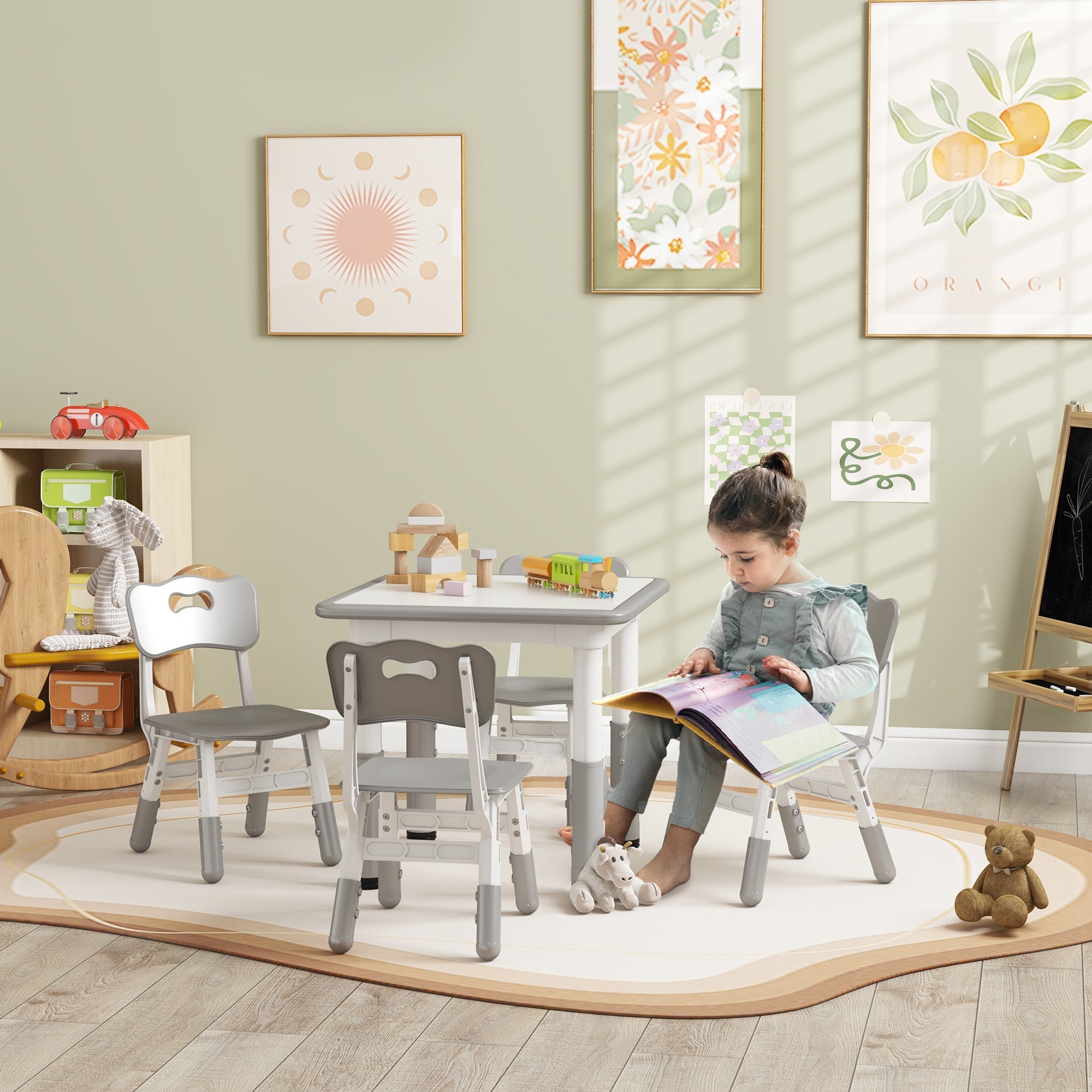 Set Tavolo con 4 Sedie per Bambini Altezza Regolabile Grigio