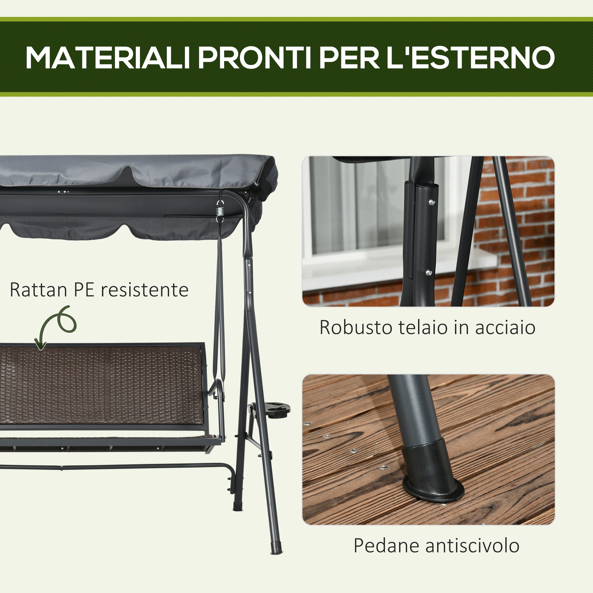 Dondolo  204x112x150 cm in Acciaio e Rattan PE Grigio e Marrone