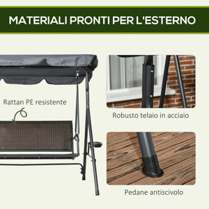 Dondolo  204x112x150 cm in Acciaio e Rattan PE Grigio e Marrone