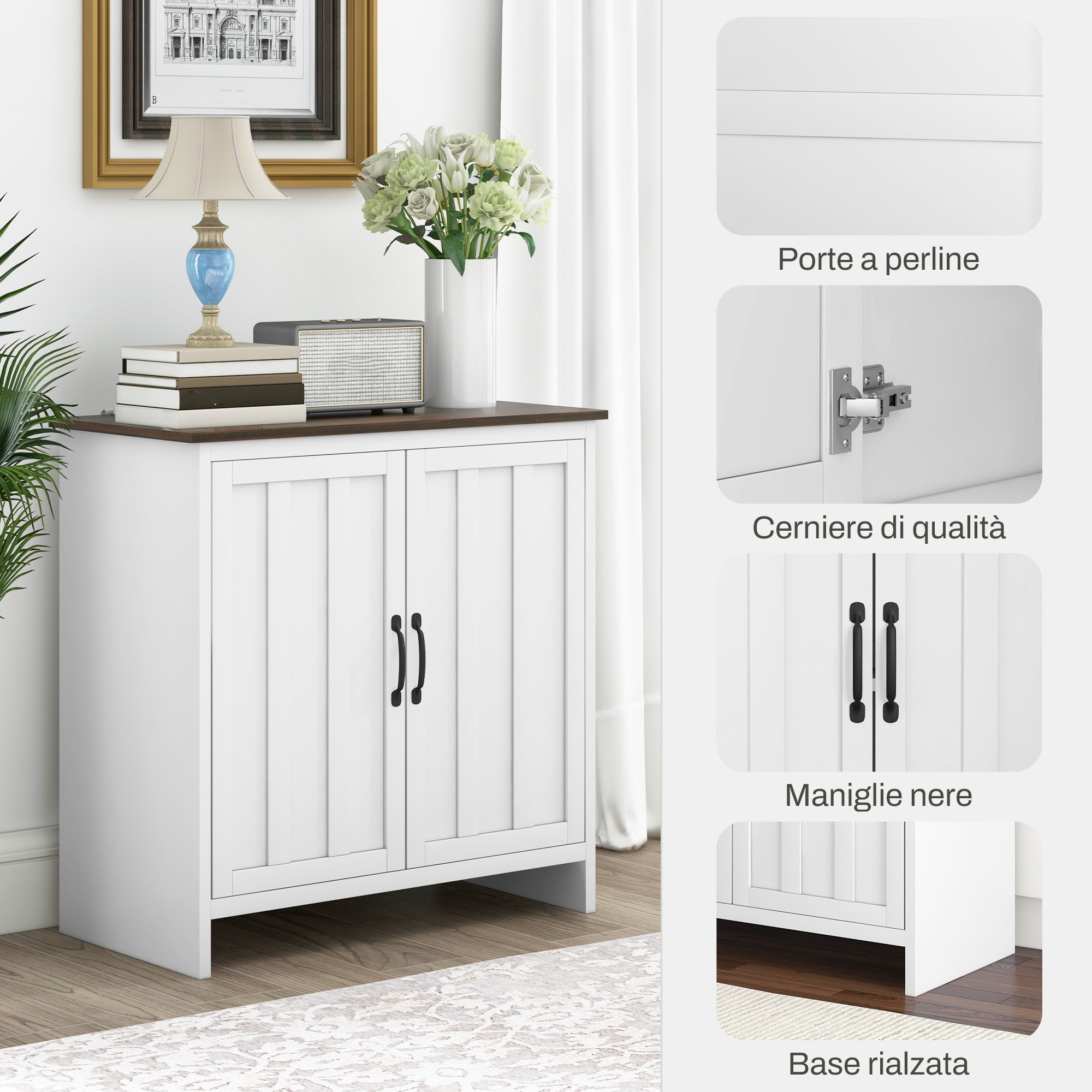 Credenza a 2 Ante Perlinate Ripiano Regolabile 80x39,7x80 cm Bianco