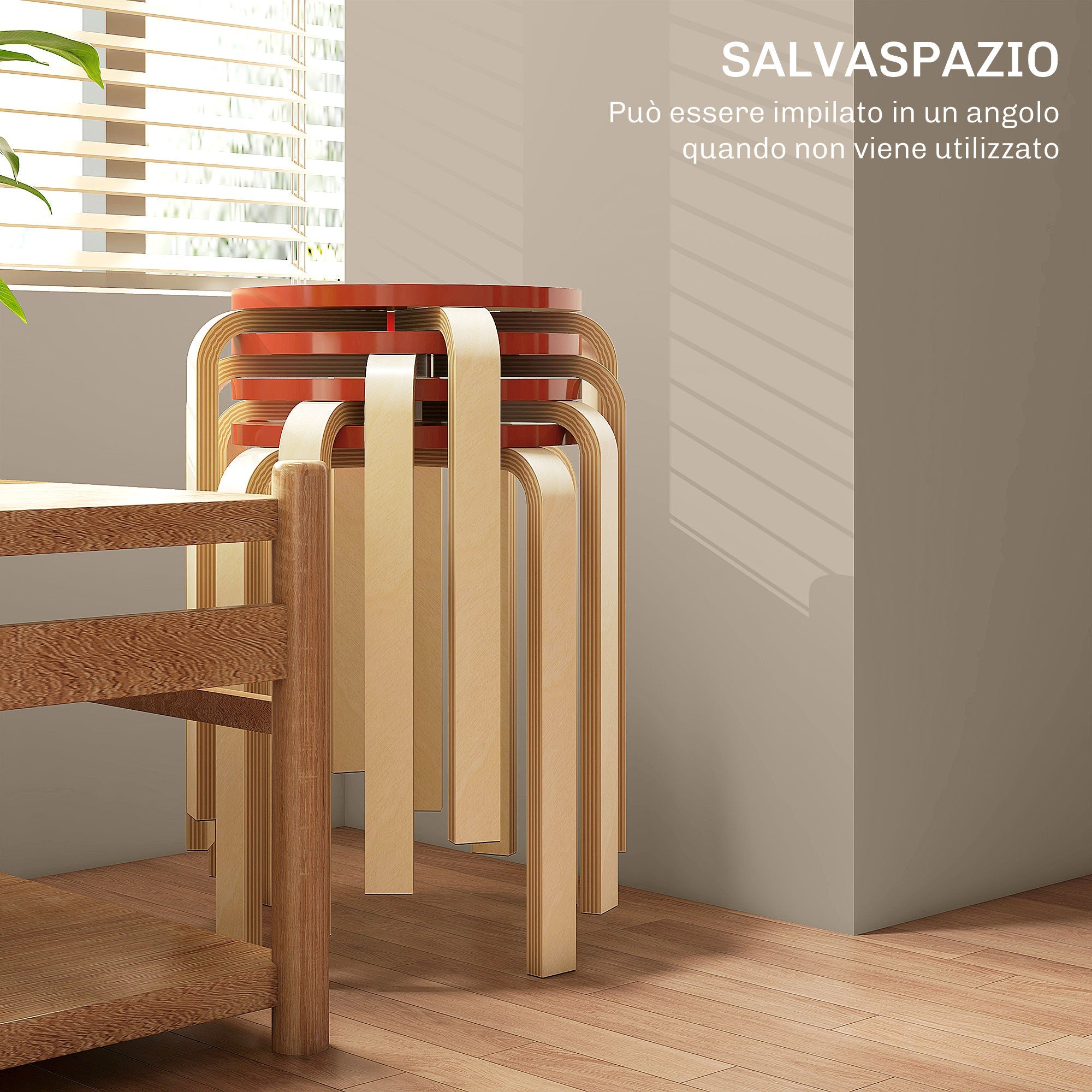 Set 4 Sgabelli Impilabili Rotondi in Legno 40x54 cm Rosso e Legno