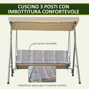 Dondolo 3 Posti da Giardino 172x110x156 cm in Acciaio Marrone e Beige