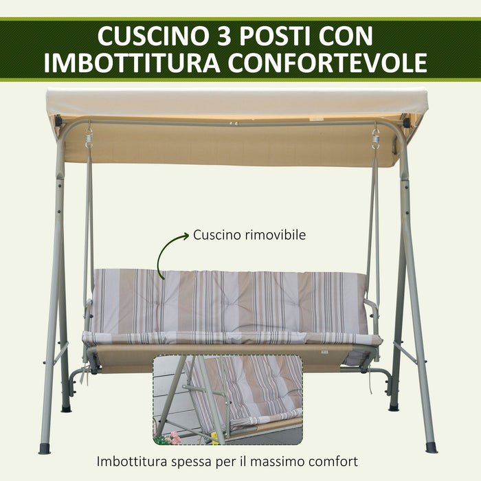 Dondolo 3 Posti da Giardino 172x110x156 cm in Acciaio Marrone e Beige