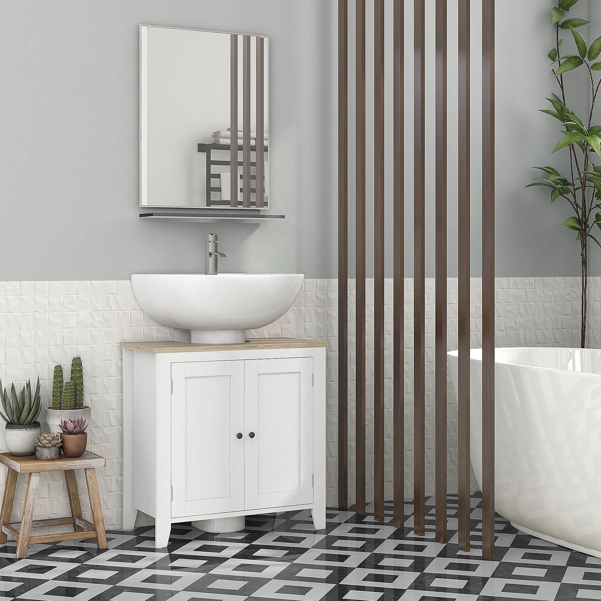 Mobile Sottolavabo Bagno a U con Ripiano Regolabile Interno 60x30x60 cm in MDF Bianco e Legno