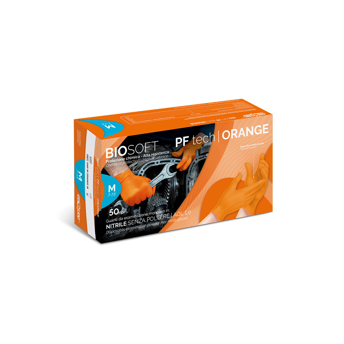 Biosafe pf tech orange - Guanti monouso in nitrile arancione senza polvere - 50 pz - Taglia L