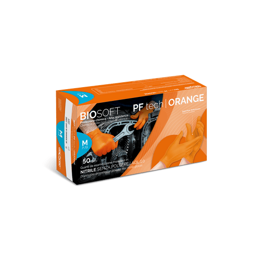 Biosafe pf tech orange - Guanti monouso in nitrile arancione senza polvere - 50 pz - Taglia L