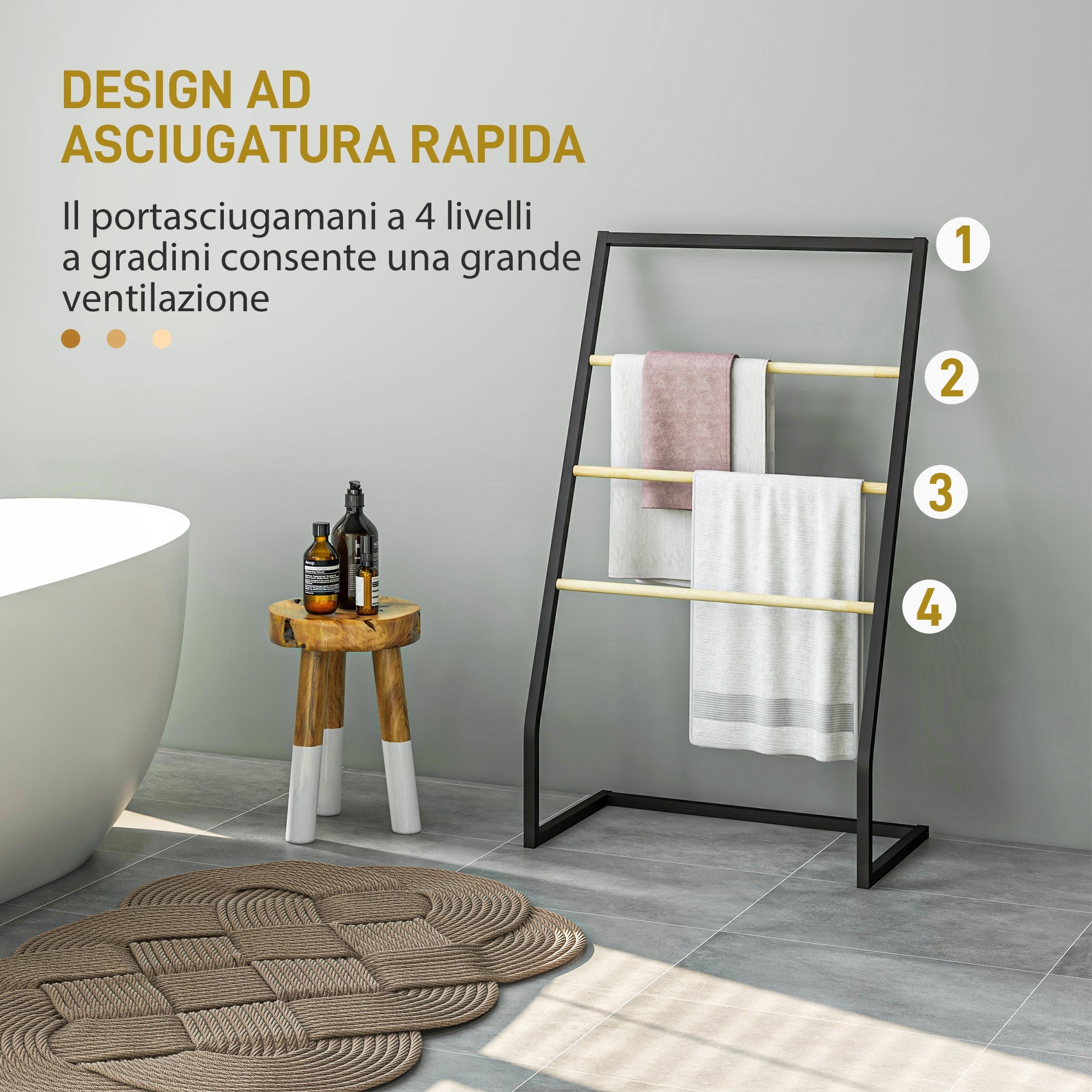 Piantana Portasciugamani da Bagno da Terra 4 Sbarre 60x35x102 cm in Bambù e Acciaio Nero