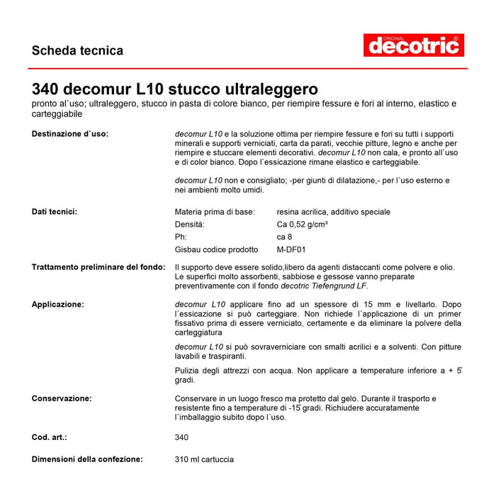 Decomur l10 310ml stucco bianco in cartuccia ultraleggero pronto all'uso