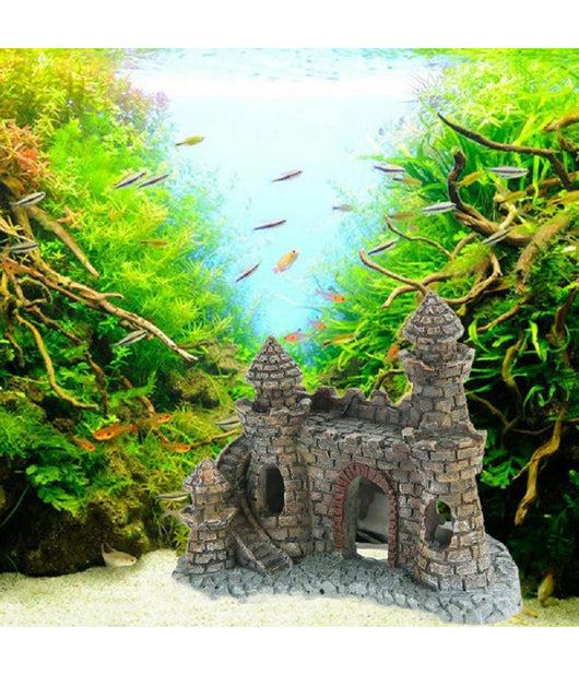 Decorazione Per Acquario Castello Con Torre Resina Pesci Acqua H10 Cm Ornamento         