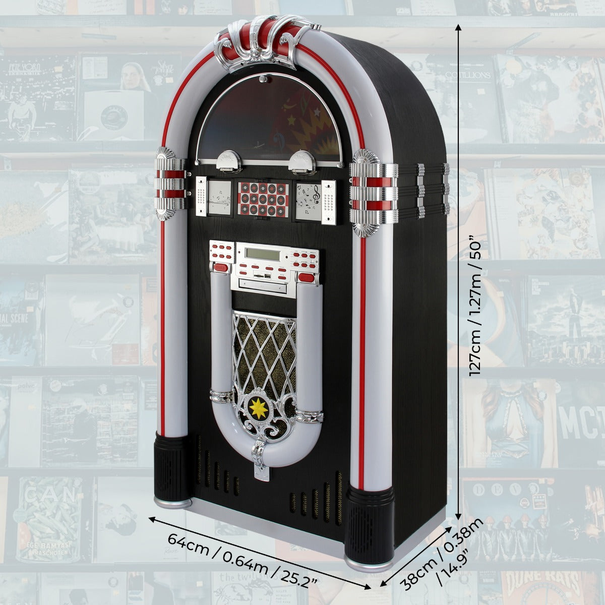 Jukebox Anni '50 con Vinile CD USB Bluetooth SD/MMC Memory Card Radio FM e AUX