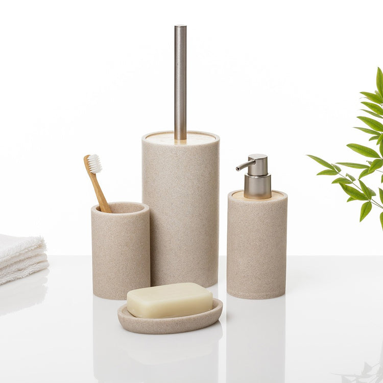 Dispenser per sapone liquido Sahara, in resina beige con particolari in bamboo