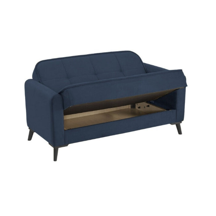 Divano 2 posti con funzione letto e contenitore Marina in tessuto blu 156x85x90H