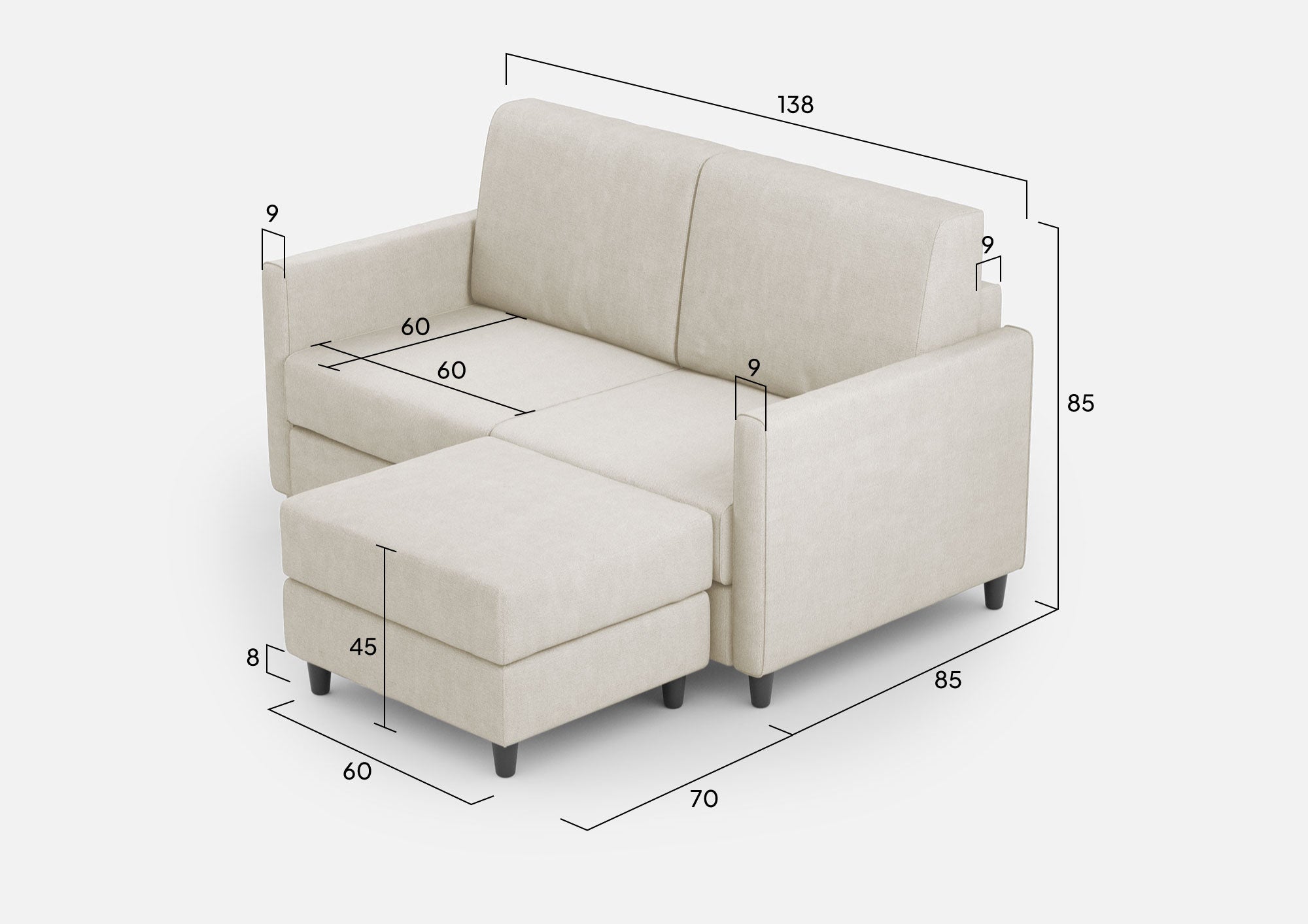 Divano 2 Posti con Pouf 138x155x85 cm Karay in Tessuto Latte