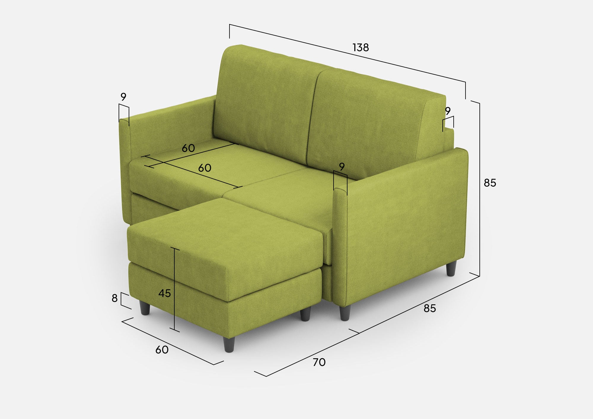 Divano 2 Posti con Pouf 158x145x85 cm Karay in Tessuto Verde