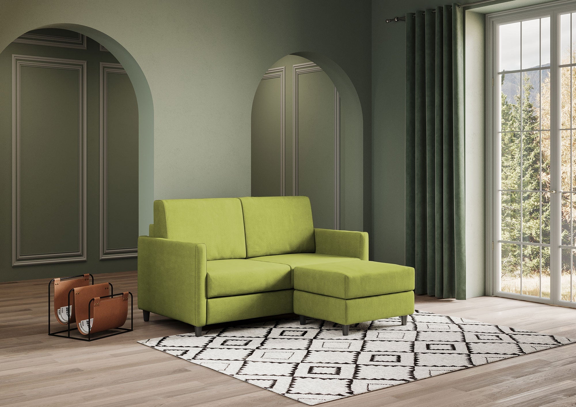 Divano 2 Posti con Pouf 158x145x85 cm Karay in Tessuto Verde