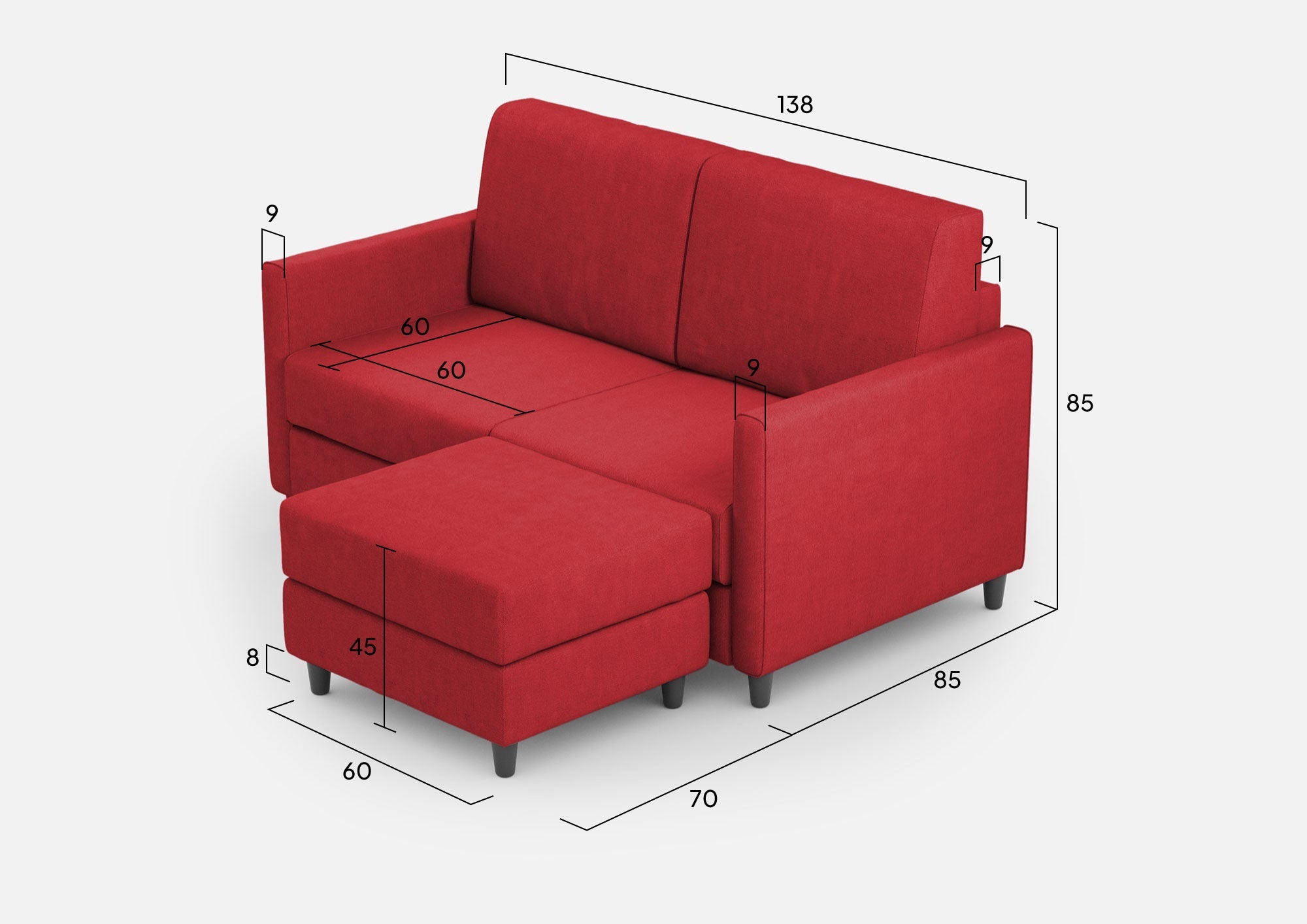 Divano 2 Posti con Pouf 158x145x85 cm Karay in Tessuto Rosso