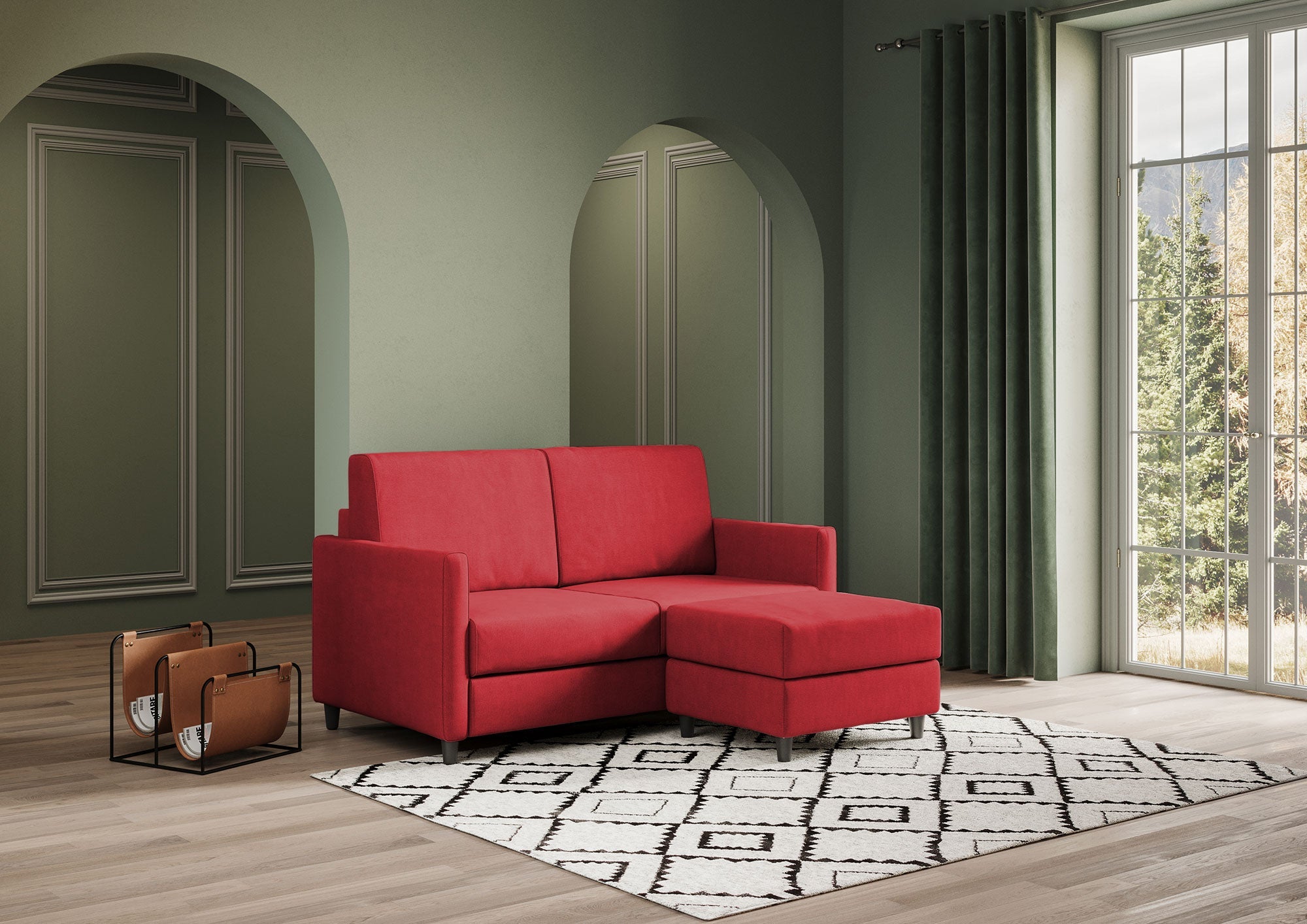 Divano 2 Posti con Pouf 158x145x85 cm Karay in Tessuto Rosso