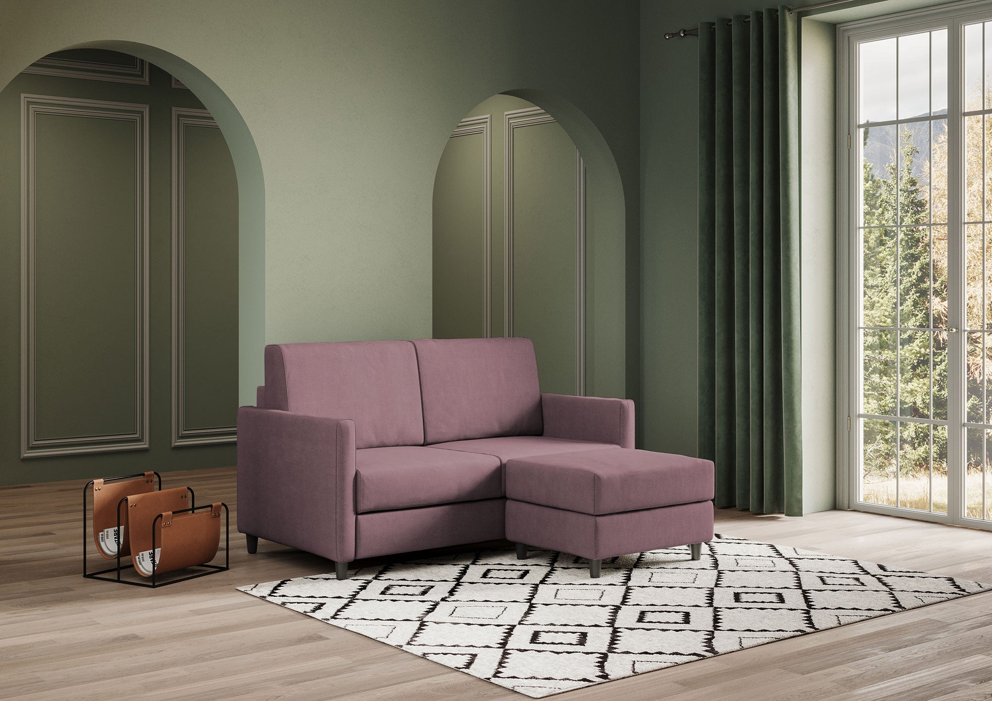 Divano 2 Posti con Pouf 158x145x85 cm Karay in Tessuto Prugna