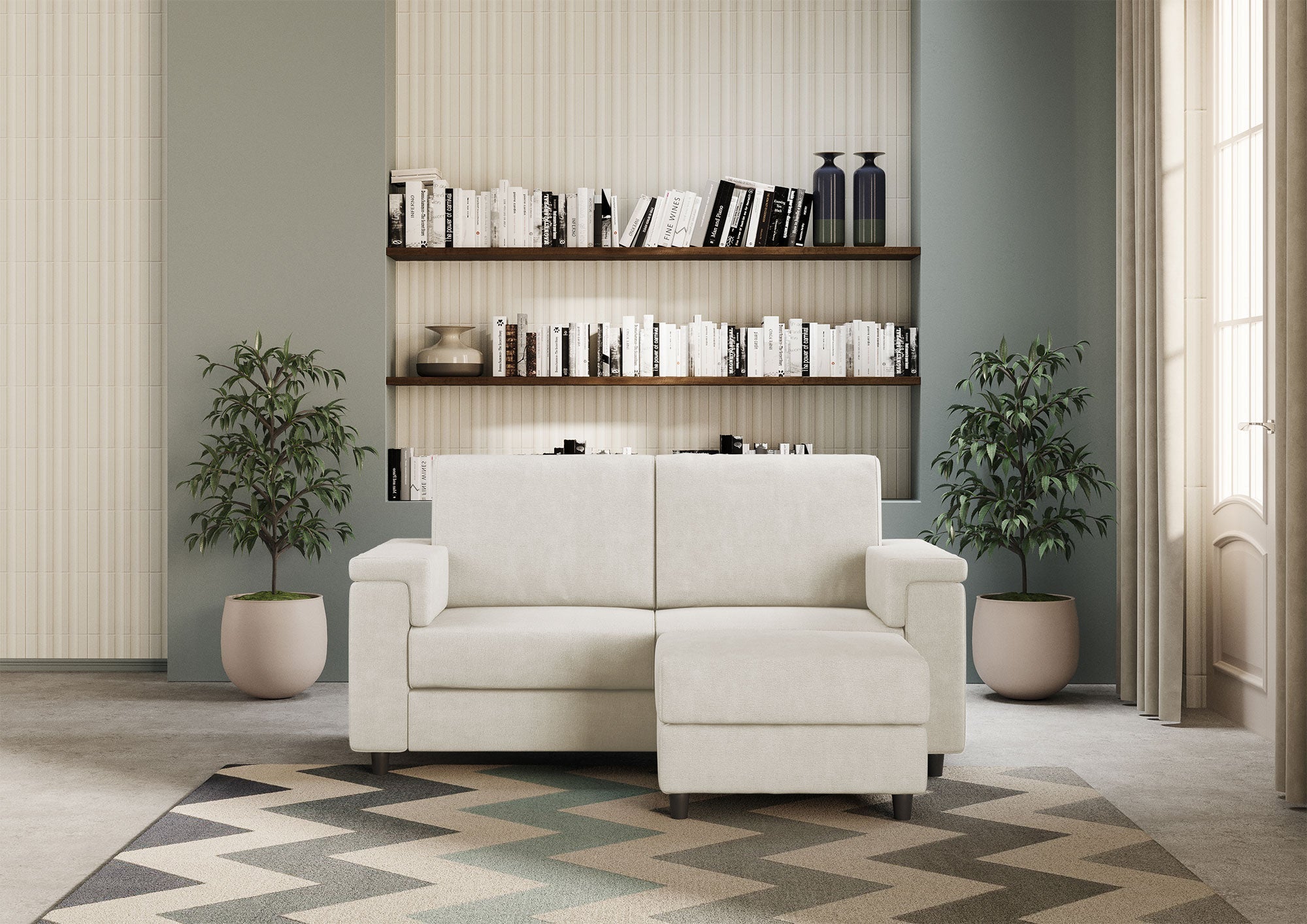 Divano 2 Posti con Pouf 148x155x85 cm Marrak in Tessuto Latte