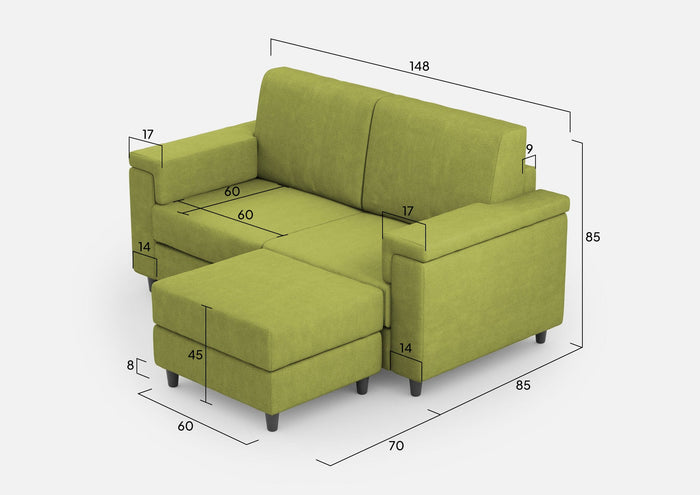 Divano 2 Posti con Pouf 148x155x85 cm Marrak in Tessuto Verde