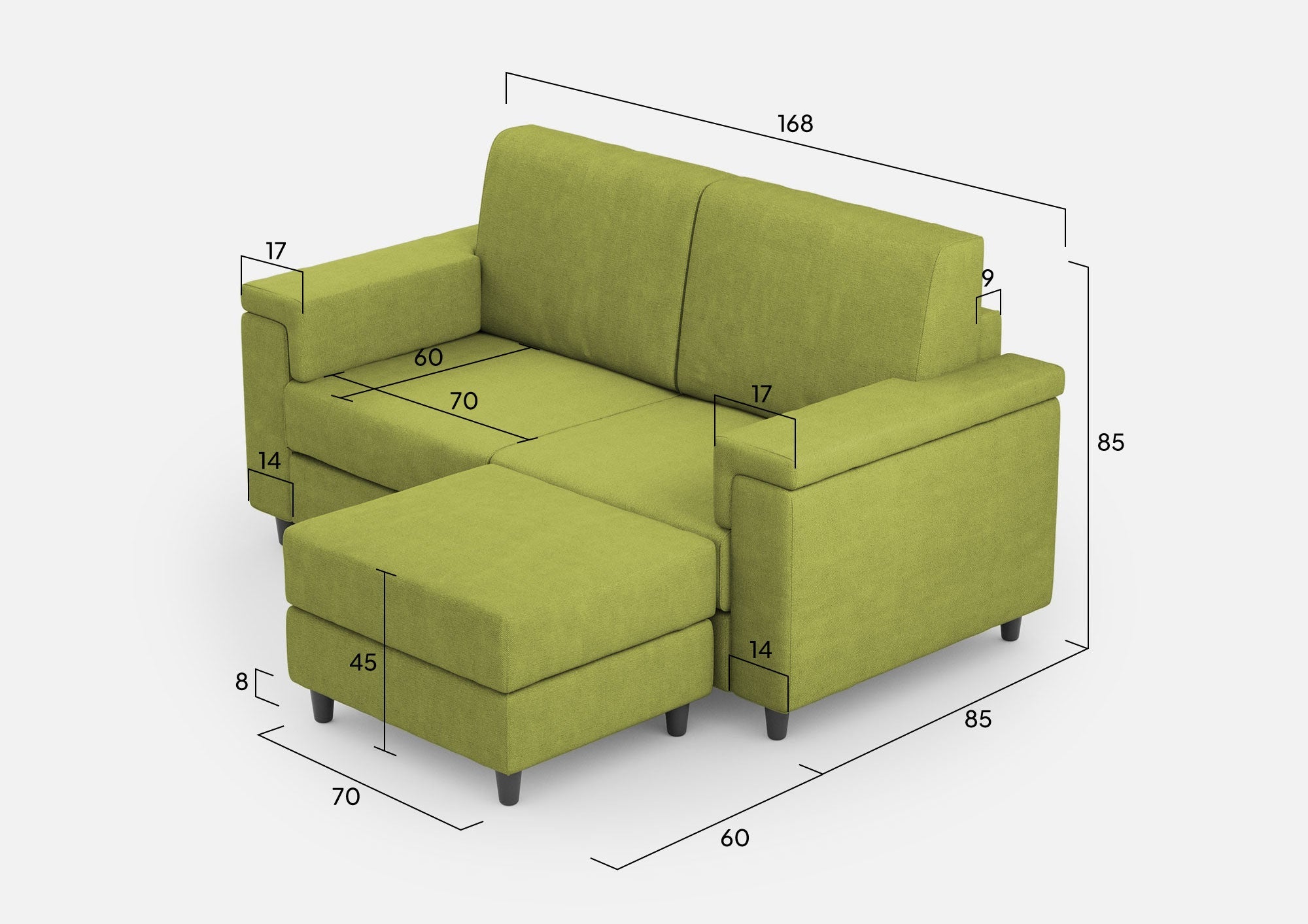 Divano 2 Posti con Pouf 168x145x85 cm Marrak in Tessuto Verde