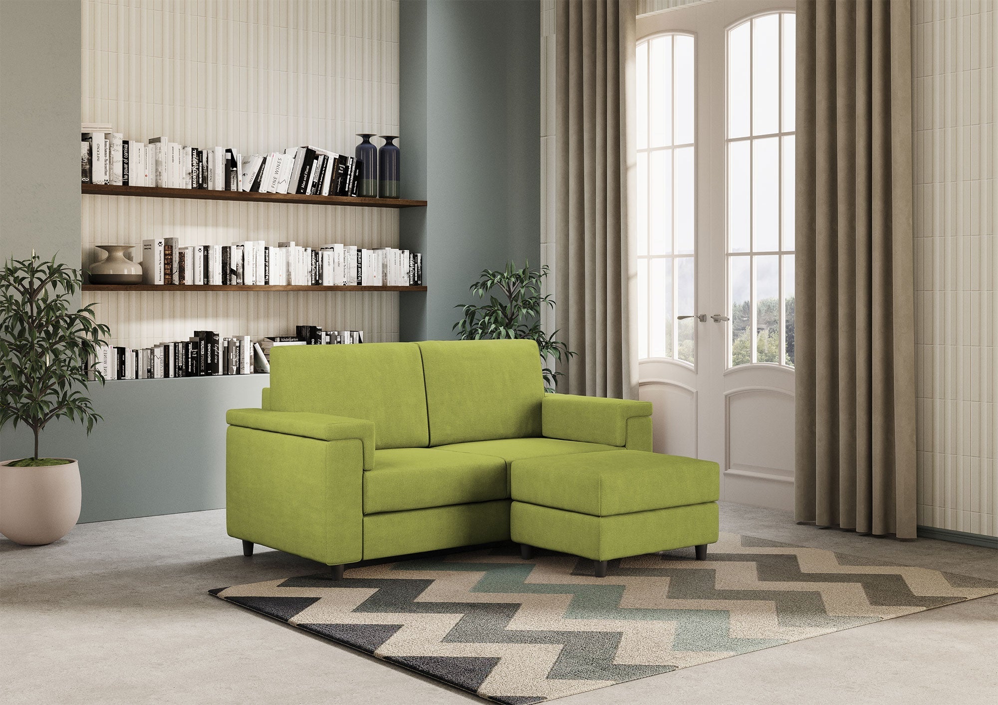 Divano 2 Posti con Pouf 168x145x85 cm Marrak in Tessuto Verde