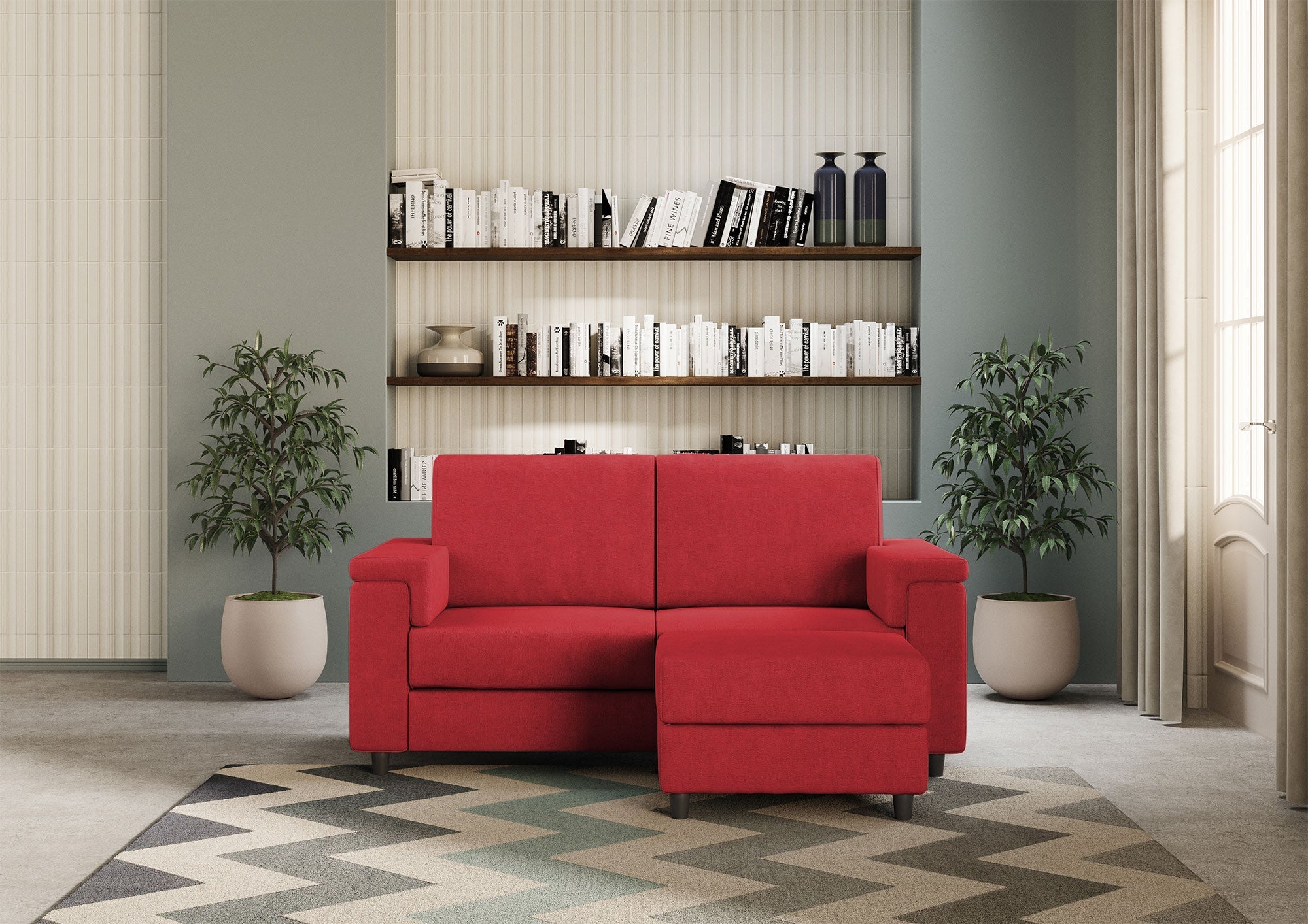 Divano 2 Posti con Pouf 148x155x85 cm Marrak in Tessuto Rosso