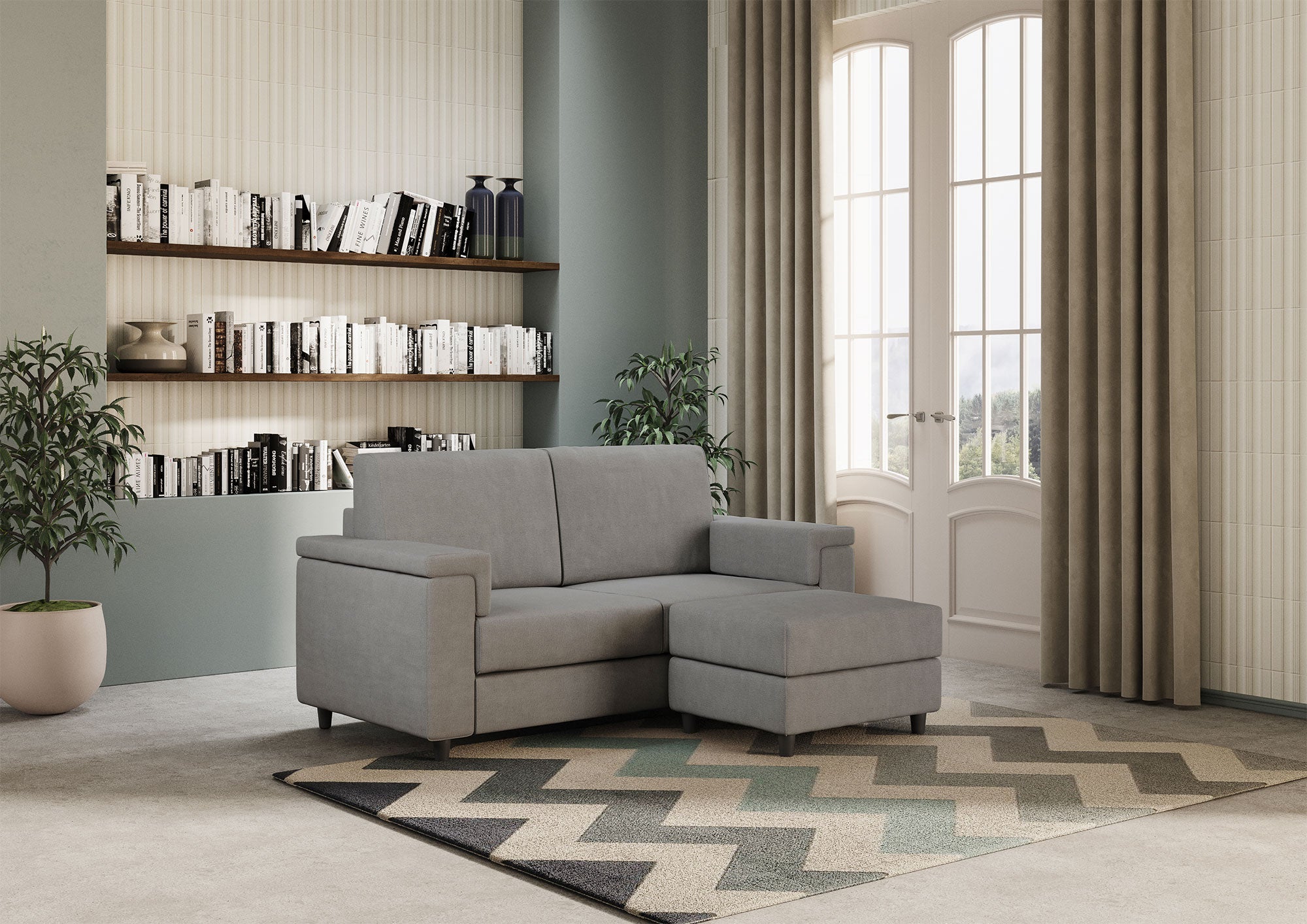 Divano 2 Posti con Pouf 148x155x85 cm Marrak in Tessuto Grigio