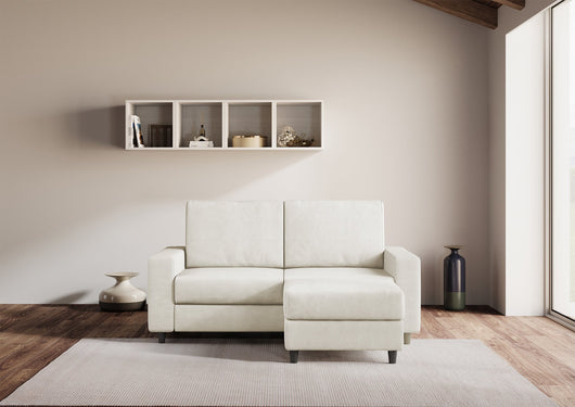 Divano 2 Posti con Pouf 148x155x85 cm Sakar in Tessuto Latte