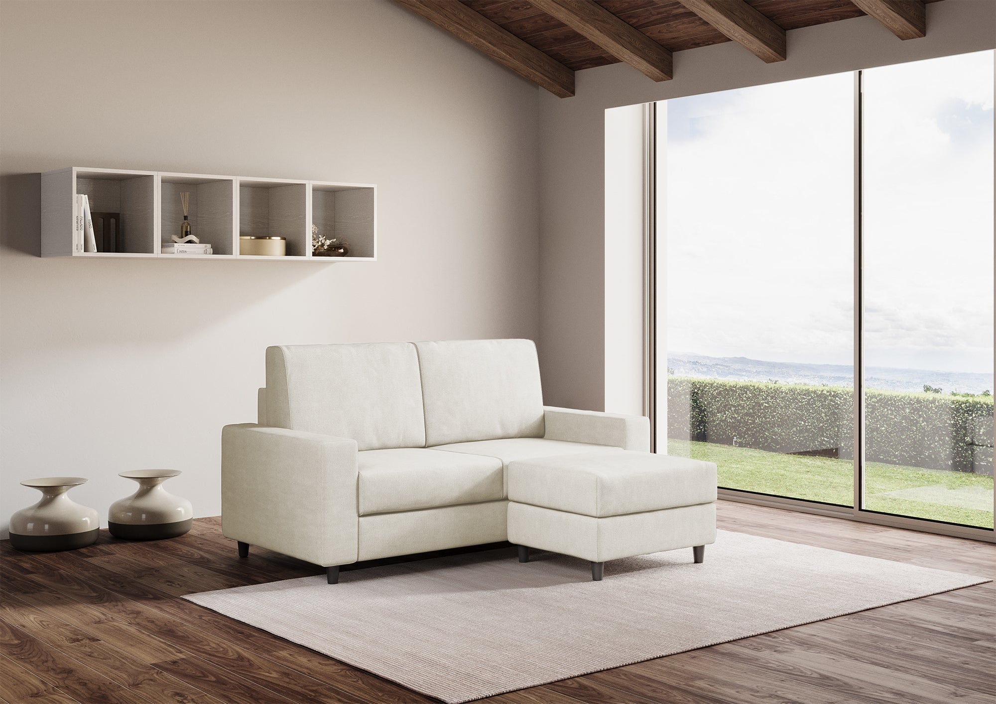 Divano 2 Posti con Pouf 168x145x85 cm Sakar in Tessuto Latte