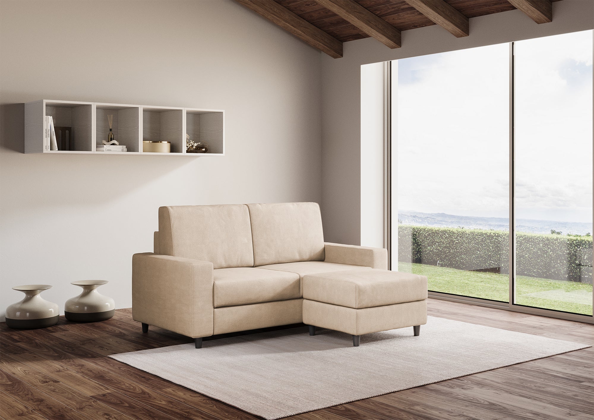 Divano 2 Posti con Pouf 168x145x85 cm Sakar in Tessuto Beige