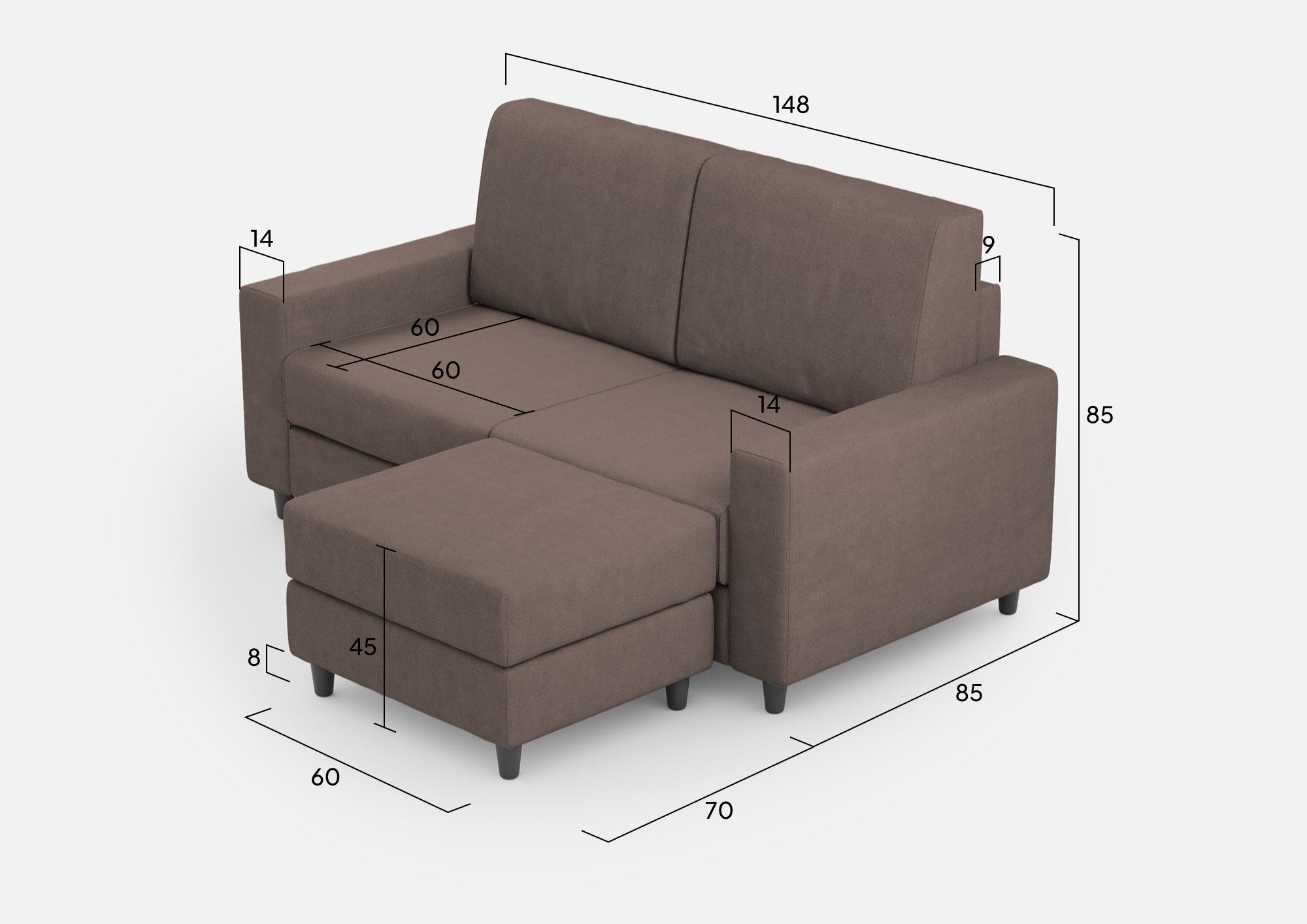 Divano 2 Posti con Pouf 148x155x85 cm Sakar in Tessuto Talpa