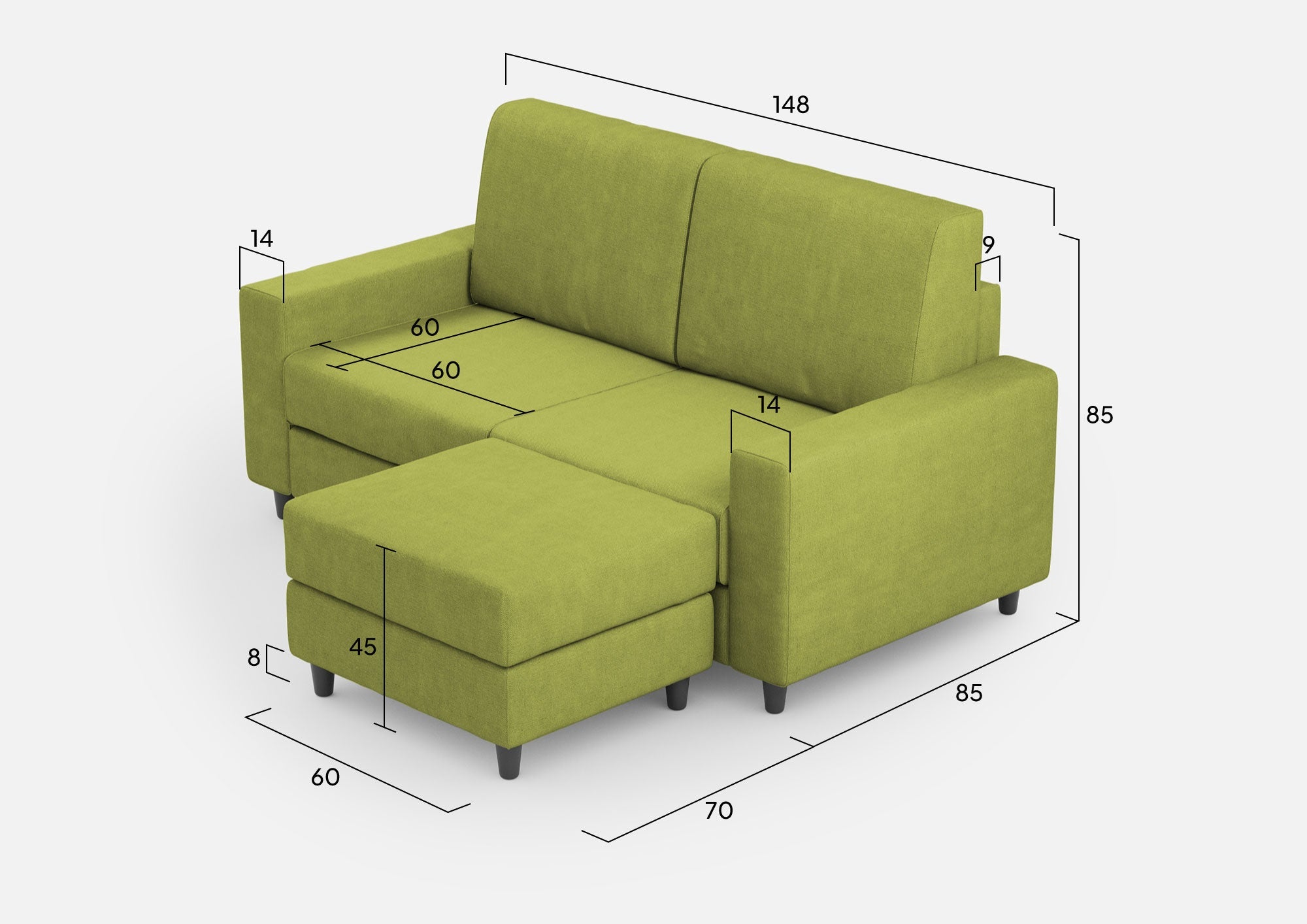 Divano 2 Posti con Pouf 148x155x85 cm Sakar in Tessuto Verde